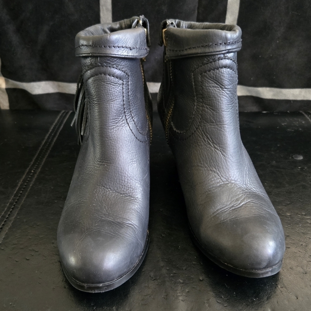 Sam Edelman Black Leather Ankle Booties with Fringe - Picture 2 of 8
